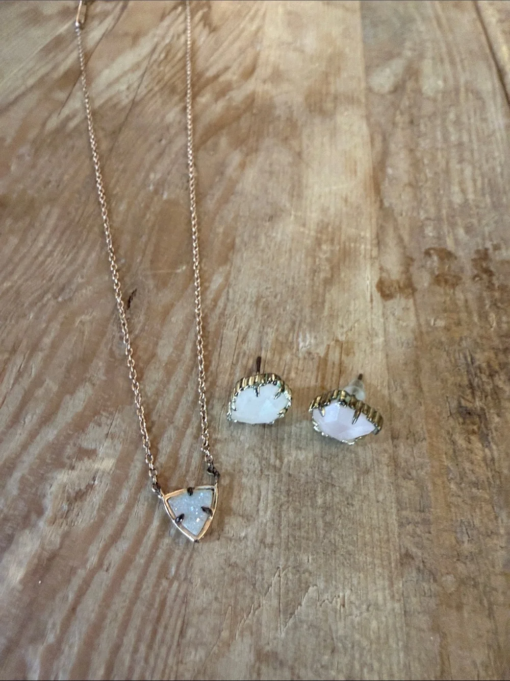 Kendra Scott Rose Gold Triangle Druzy Necklace with White Druzy Studs